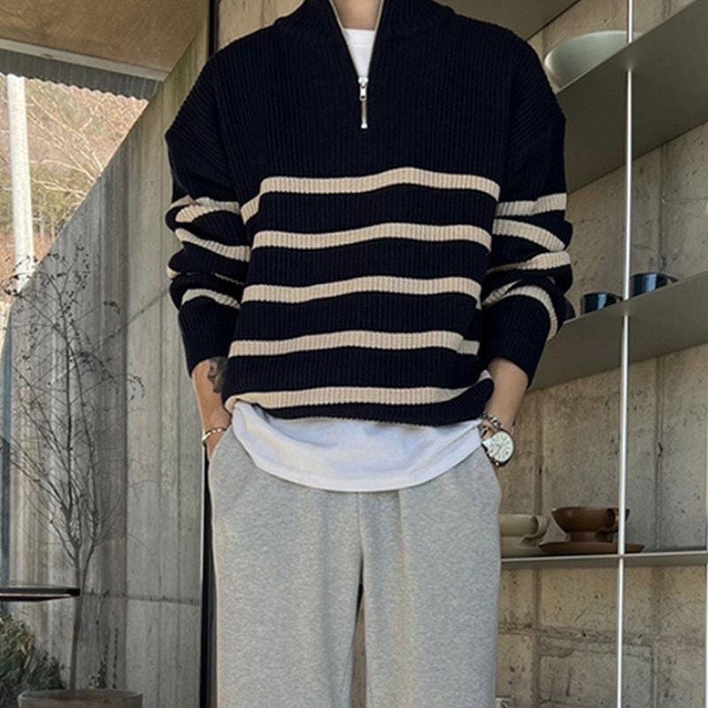 REALTAKAI KNITTED BLACK STRIPED HALF-ZIP TURTLENECK SWEATER